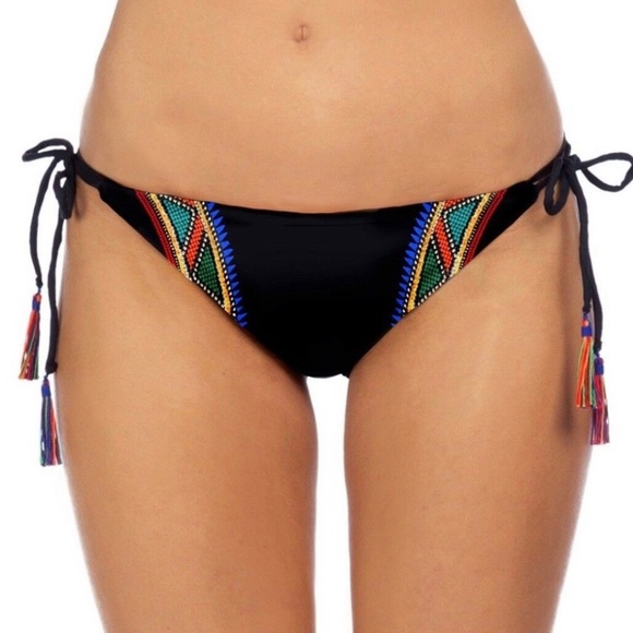 NWT black string rainbow Aztec print side tassel tie full back swim bikini bot 8 - Picture 2 of 14